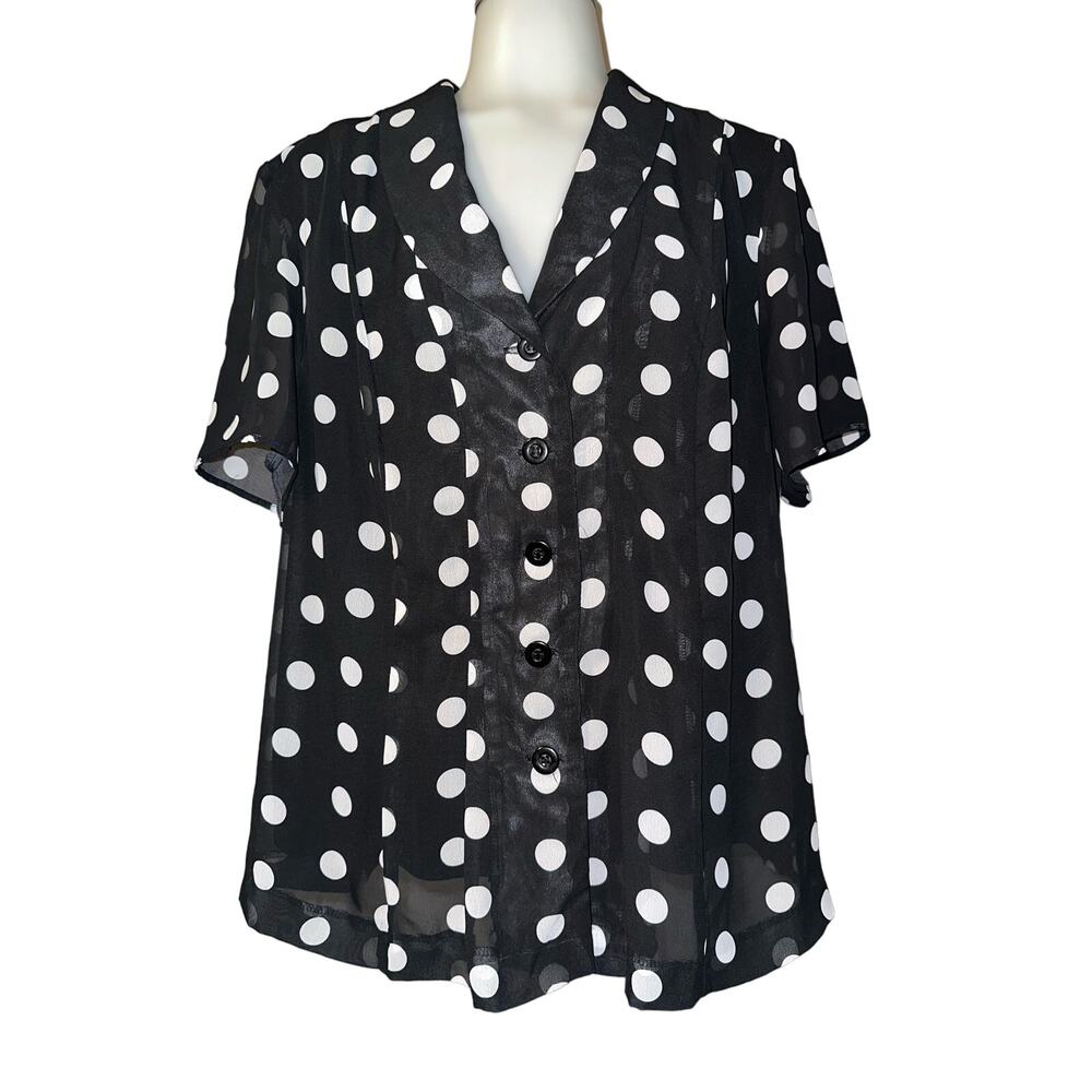 Spago Collection Top Size 16W Sheer Lined Button Down Polka Dot Short Sleeve